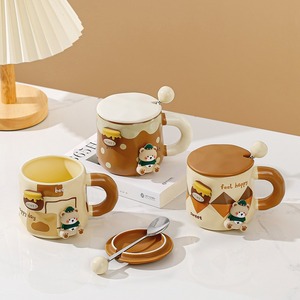 Juego de Tazas de Cerámica de 400 ml con Tapa y Cuchara, Vaso para Bebidas Calientes y Frías - Product Image 1