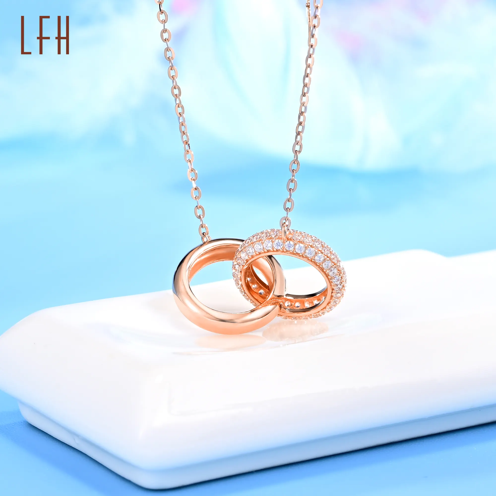 Hot Sale Transfer Lucky 18k rose gold Cubic Zircon Diamond necklace Double Ring Clavicle Chain real gold jewelry for women