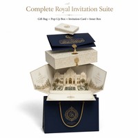 Suite d'invitations de mariage de luxe du Moyen-Orient, bleu marine et or, calligraphie arabe, monogramme, boîte cadeau avec carte palais pop-up
