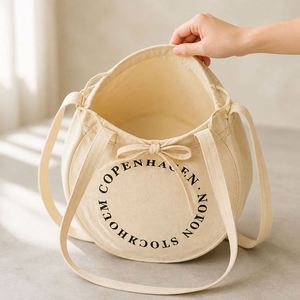 Beige Round <b>Drawstring</b> <b>Canvas</b> Tote <b>Bag</b> Copenhagen Stockholm Print Cotton Shoulder <b>Bag</b> for Shopping Travel Daily Use Custom Logo - Product Image 2