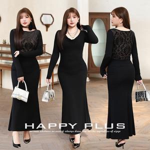 เดรสทรงหางปลาสำหรับสาวพลัสไซส์ สีดำคลาสสิก แขนยาว คอระบาย แต่งผ้าตาข่ายจับจีบ เอวทรงธรรมชาติ รุ่น N9076 - Product Image 2