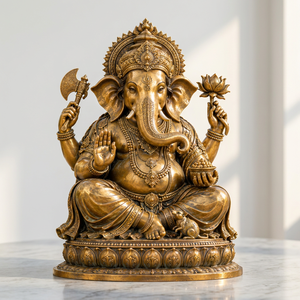 Scultura Artigianale Tradizionale Indiana in Bronzo Dorato del Signore Ganesha, Statuetta Religiosa per Arredamento Casa e Regalo - Product Image 3