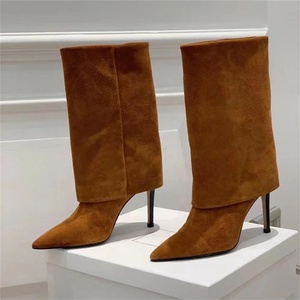 Bottines d'hiver à bout pointu pour femmes, bottines courtes en daim retourné, chaussures à talons aiguilles pour femmes - Product Image 4