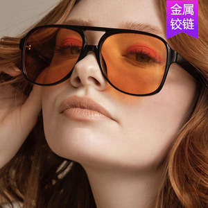 Oversized Aviator Sunglasses <b>Black</b> <b>Frame</b> Pc Material Uv400 Protection Fashionable Style For Women - Product Image 1
