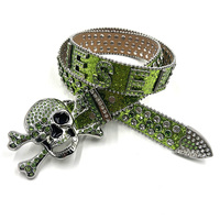 Ceinture unisexe tendance en alliage PU faite à la main avec boucle tête de mort en strass, style western cowboy et cowgirl, ornée de cristaux