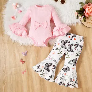 newborn baby girls clothes set solid ribbed flared sleeve romper+butterfly print pants outfits