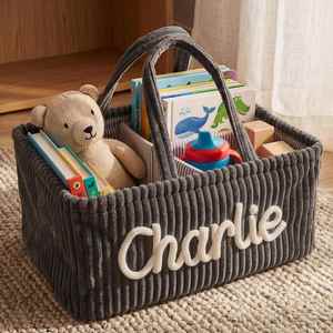 Personalized Name Corduroy Storage <b>Basket</b>, Nursery Decor, <b>Laundry</b> Hamper, 3D Yarn Name, Soft, <b>Foldable</b>, Housewarming Gift - Product Image 5
