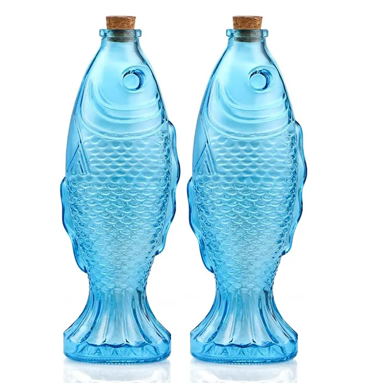 Bouteille d'alcool vide en forme de poisson, flacon en verre bleu pour whisky, vaporisateur, vente en gros, 500ml