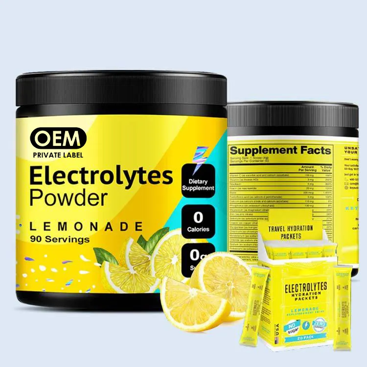 Suplementos de musculação de marca própria OEM que fornecem energia em pó de eletrólito para bebidas energéticas com sabor de limão
