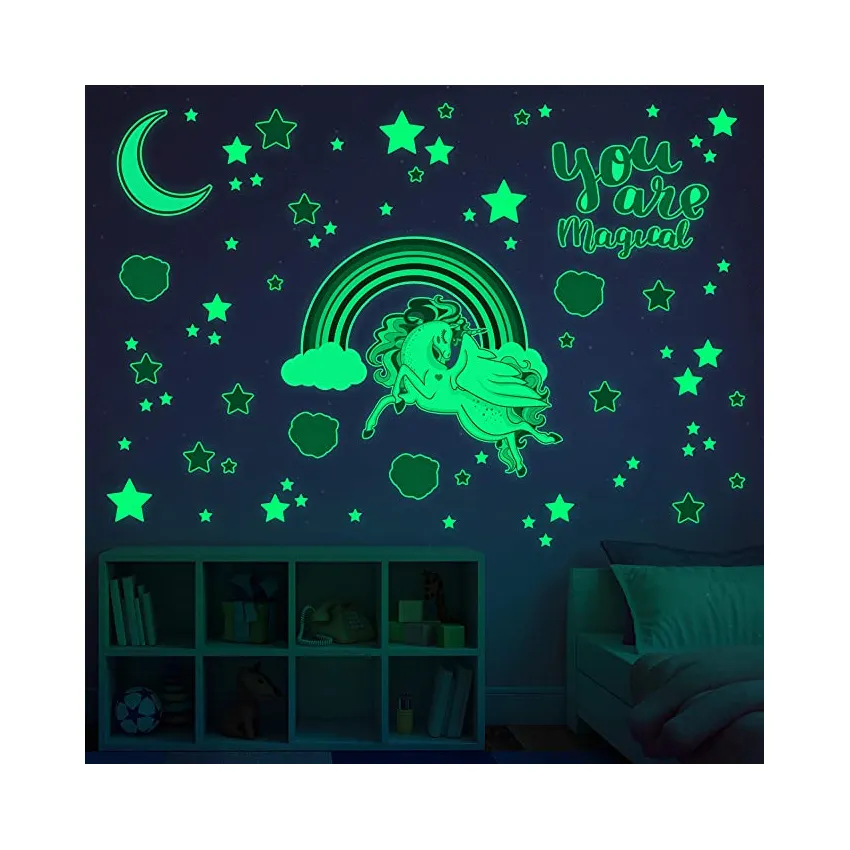 Glowing Snuggles Glow in The Dark Stickers Decals Large Unicorn Rainbow Stars Moon Wall Sticker Set for Kids