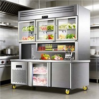 Cuisine commerciale, armoire principale, plan de travail, congélateur, vitrine de présentation de produits frais, réfrigération et congélation multifonctionnelles