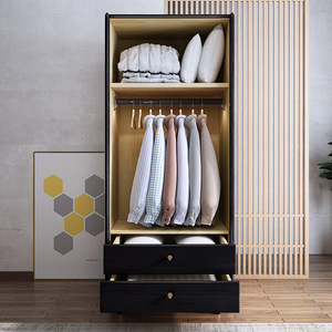 Armario de Madera Maciza y Ratán con Cajones, Puerta con Bisagras, Ahorro de Espacio, Almacenamiento para Dormitorio, Color Negro Vintage - Product Image 1