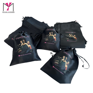 Kashmere Luxe Black Satin <b>Drawstring</b> <b>Bag</b> With Printed Women Image And Logo For Extensions Packaging - Product Image 6