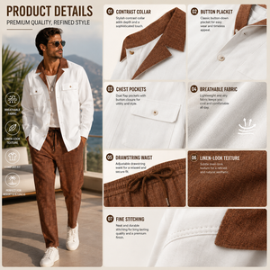 Conjunto de 2 Piezas con Aspecto de <span class=keywords><strong>Lino</strong></span> para <span class=keywords><strong>Hombre</strong></span>, <span class=keywords><strong>Camisa</strong></span> de Manga Corta <span class=keywords><strong>y</strong></span> Pantalones con Cordón, Ropa de Resort al Por Mayor, Diseño Personalizado OEM - Product Image 4