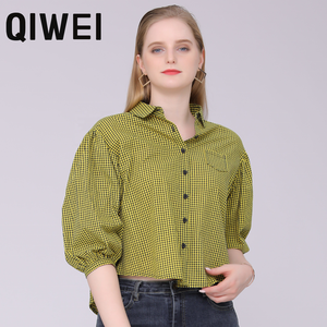 Blus dan atasan kemeja kotak-kotak warna kuning, baju wanita musim panas kancing hitam - Product Image 1