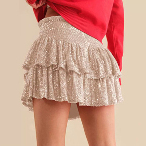 New Autumn Cross-Border <b>Sequin</b> <b>Skirt</b> for Women Sexy Short Pleated Chiffon <b>Skirt</b> with Natural Waistline Pure Color - Product Image 4