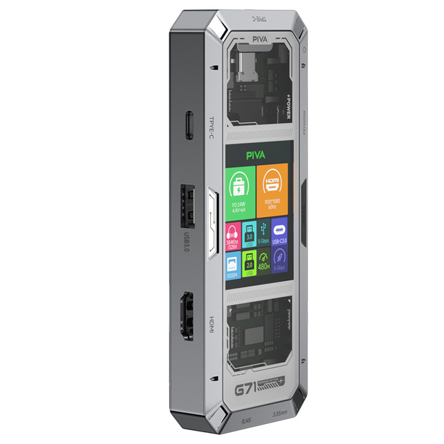 G71 7 in 1 Aluminum Alloy Office Docking Station Smart Screen Display Type-C to HD 2.0 USB 3.0 HUB PD100W Adapter