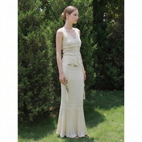 Robe longue maxi personnalisée pour femme, col en V, manches longues, en maille unie respirante polyester/acrylique, crochetée, pour ensemble décontracté d'été
