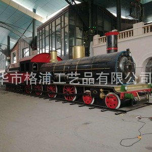 Sculpture extérieure personnalisée grand format 1:1 de locomotive à vapeur en métal avec wagon vert pour usage commercial - Product Image 1
