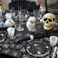 Perlengkapan Pesta Jaring Laba-laba Halloween - Piring Sekali Pakai, Serbet, Garpu, Desain Laba-laba Hitam Putih untuk Halloween