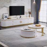 Ensemble table basse ronde et meuble TV en marbre et bois, style moderne et luxueux, avec tiroirs, pour salon ou salle à manger, design de meubles pour la maison