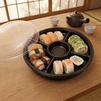 Plateau de service rond de luxe de 11 pouces pour sushis, boîte à gâteaux et fruits jetable, barquette en plastique blister avec couvercle pour fêtes