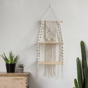 Estante de Pared <span class=keywords><strong>Colgante</strong></span> de Macramé de Dos Capas Hecho a Mano y Ecológico con <span class=keywords><strong>Cuerda</strong></span> de Algodón - Product Image 1
