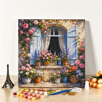 Kit de Peinture par Numéros DIY A-173 : Fenêtre Fleurie sur Toile – Décoration Murale pour Adultes, Style Campagne Française