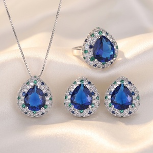 Fashion Eco-friendly Copper Pear Cut 10*12MM Water Drop Blue Pendant <b>Earrings</b> Ring <b>Set</b> Water Drop Jewelry <b>Set</b> for Women - Product Image 1