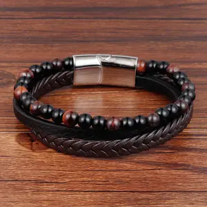 Fornecedor da China pulseiras de couro contas pulseira de couro cor preta pulseira masculina com miçangas