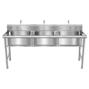 Évier de cuisine commercial fait à la main en acier inoxydable simple double trois éviers avec support épaissi évier utilitaire - Product Image 1