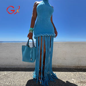 GX1505 <span class=keywords><strong>Abito</strong></span> Lungo di Lusso in Velluto con Schiena Scoperta e Frange, Senza Maniche, Halter, per Feste ed Eventi Serali - Product Image 2