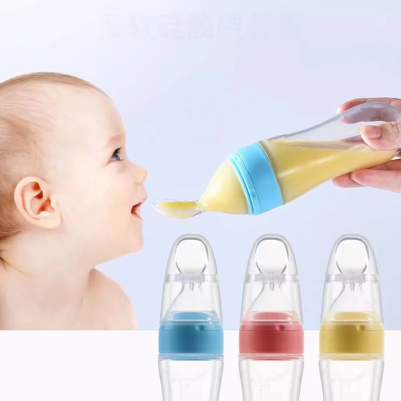 3 Biberons Souples Avec Cuillère Intégrée - Apprentissage Alimentation Bébé Garçon/Fille | Silicone, Bleu