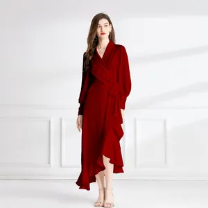 2024 Elegant Tunic Casual Midi Dress For Women Long Lantern Sleeve Solid Ruffled Silk Dress Burgundy