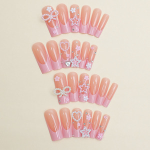 24 pièces/boîte Faux ongles extra longs rose français avec nœud et étoile, de luxe, forme cercueil, à presser, pour nail art - Product Image 3