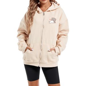 Sweat-shirt décontracté en coton avec fermeture éclair et motif chat kawaii pour femmes, avec poches - Product Image 3
