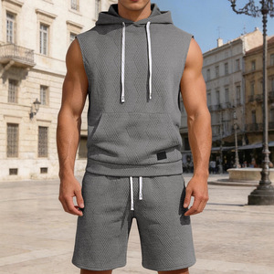 Ensemble gilet sans manches à capuche et short pour homme, couleur unie, tricot jacquard, tenue de sport décontractée pour les loisirs, kaki, noir, vert, gris, blanc - Product Image 4