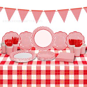 Red And White Checkered Disposable Tableware <b>Set</b> 175 Pieces Party Supplies For Family Gathering Paper Plates <b>Cups</b> Napkins - Product Image 1