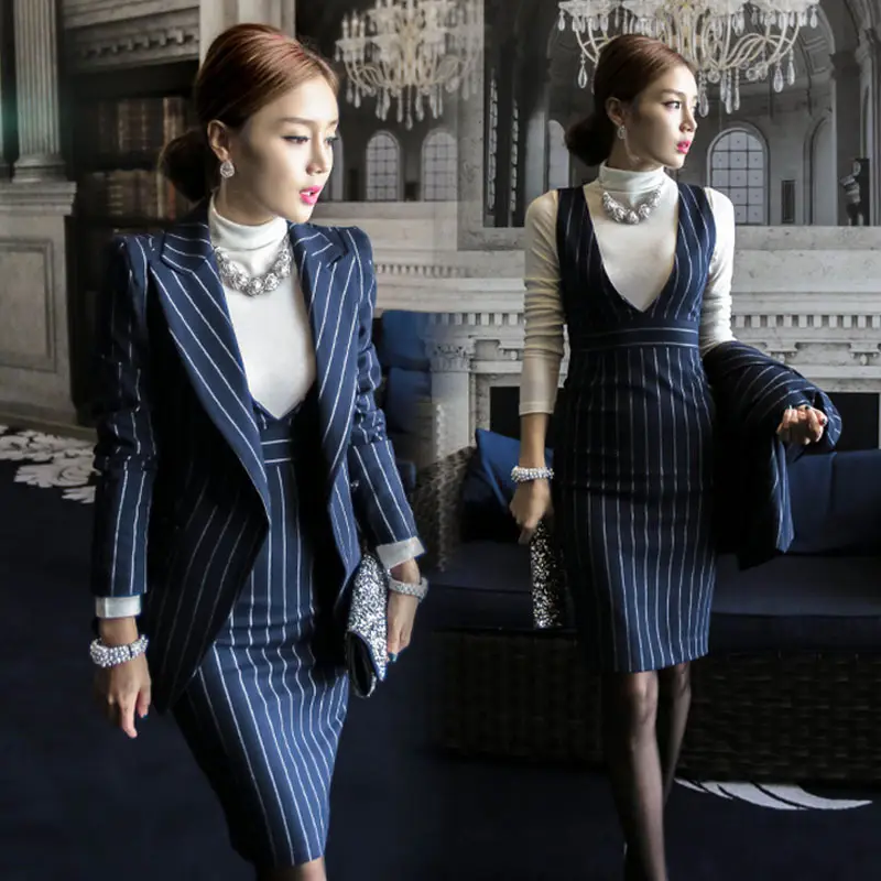 YHX9 Großhandel 2 Stück Navy Striped Fashion Frauen Formale Business Anzug Design Damen Büro Rock Anzüge