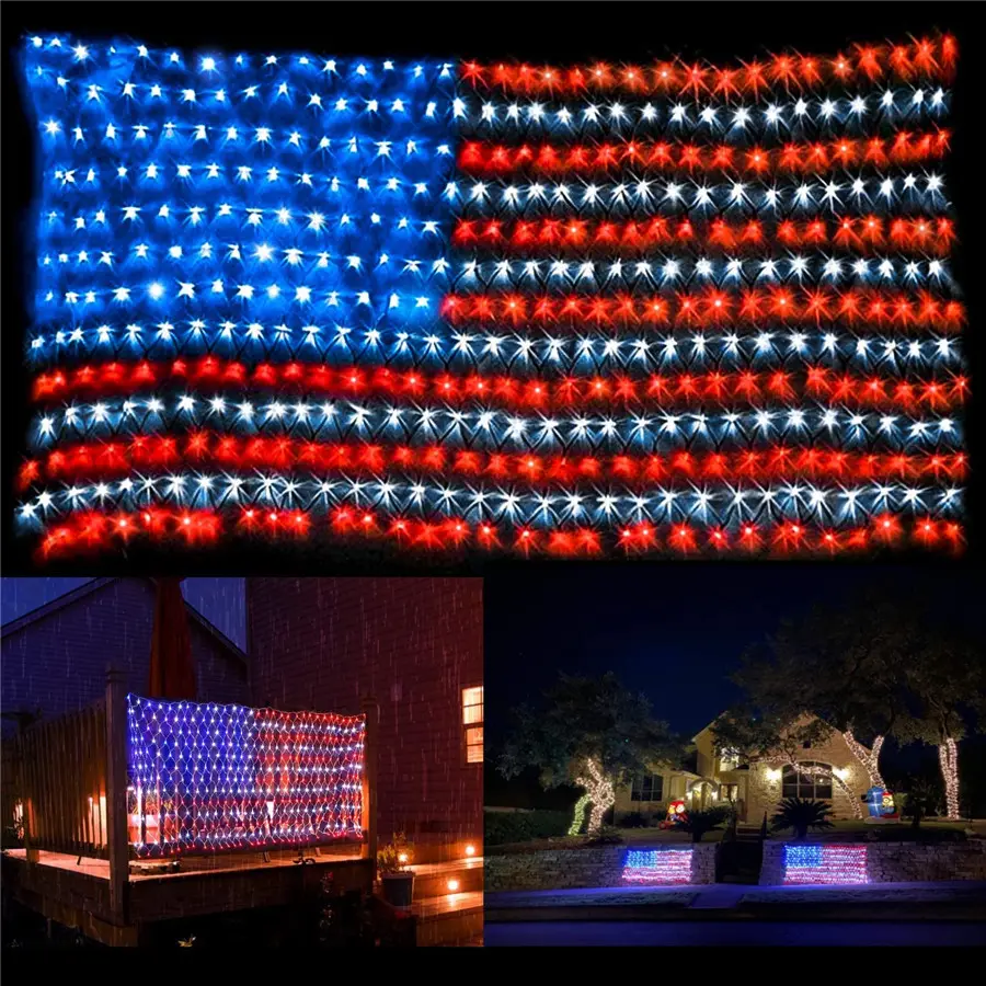420 एलईडी 6.5 फुट आउटडोर अमेरिका अमेरिकी झंडे शुद्ध रोशनी स्ट्रिंग प्रकाश संयुक्त राज्य अमेरिका फ्लैग जाल सजावट प्रकाश का नेतृत्व किया