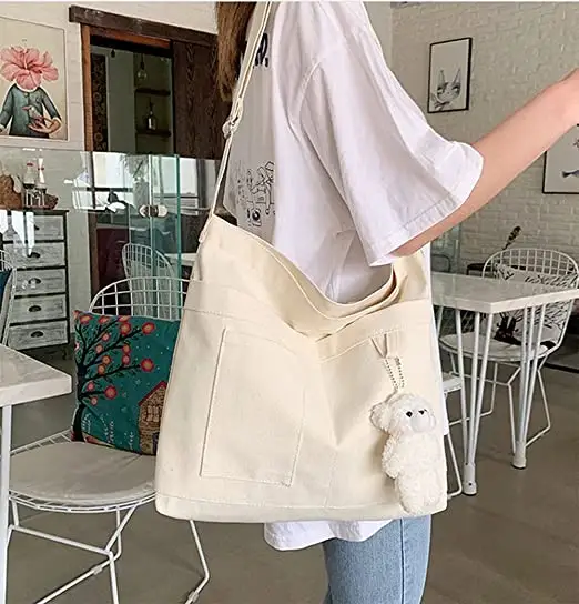 Custom fashion economical shopping women's single shoulder handbag multi-pocket cotton canvas bag with zipper