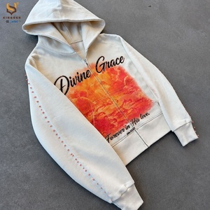 Fabricant OEM – Sweat à capuche zippé surdimensionné en coton épais pour homme, style streetwear, avec logo graphique personnalisé et strass - Product Image 3