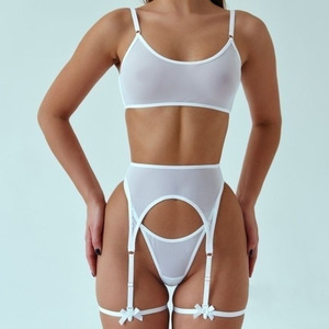 Conjunto de lencería sexy ultrafino de color liso con liguero, conjunto de sujetador y bragas de malla transparente y transpirable. - Product Image 5