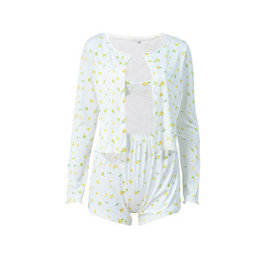 Floral Print 3 Piece Set Rib <strong>Nighty</strong> Knit Sexy Elastic Waist Shorts Long Sleeves With Bra Lingerie Women Pajamas Loungewear - Product Image 5