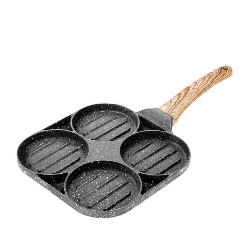 Сковорода для жарки яиц, сковорода для завтрака с 4 отверстиями, квадратная, для бургеров, яиц, ветчины, блинчиков, с деревянной ручкой, антипригарная