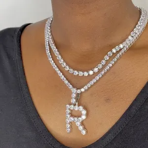 Kalung Nama Hip Hop Pria Wanita, Liontin Perhiasan Hip Hop Lapis Emas 18K Tenis Grosir