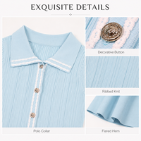 Robe en tricot côtelé bleu clair pour femme, col polo, manches courtes, mini, commande personnalisée OEM
