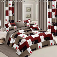 Housse de Couette Douce au Toucher Imprimée en 3D Style Patchwork avec Drap de Lit et Rideau Assorti