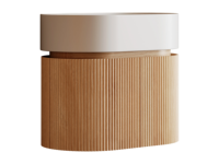 Meuble-lavabo mural en chêne rainuré courbé, vasque intégrée ovale en Solid Surface, armoire flottante avec portes à fermeture douce