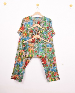 Ensemble de pyjama en coton de qualité supérieure, style vintage, satiné, longueur genou, boutonné, imprimé à la main, respirant, vêtements de nuit d'été - Product Image 2